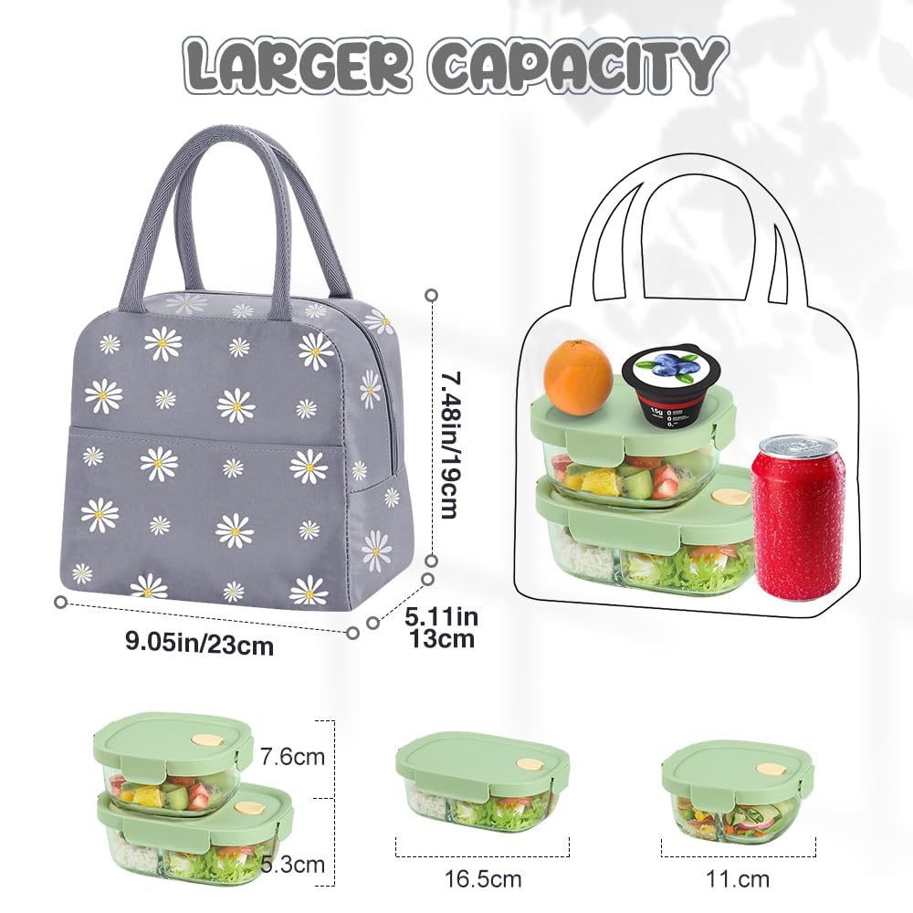 TIECHI Reusable Insulated Lunch Bag for Women/Men/Adult Portable Thermal Lunch Box Tote Bag Small Lunch Bag with Daisy Pattern for Work & Any Occasion