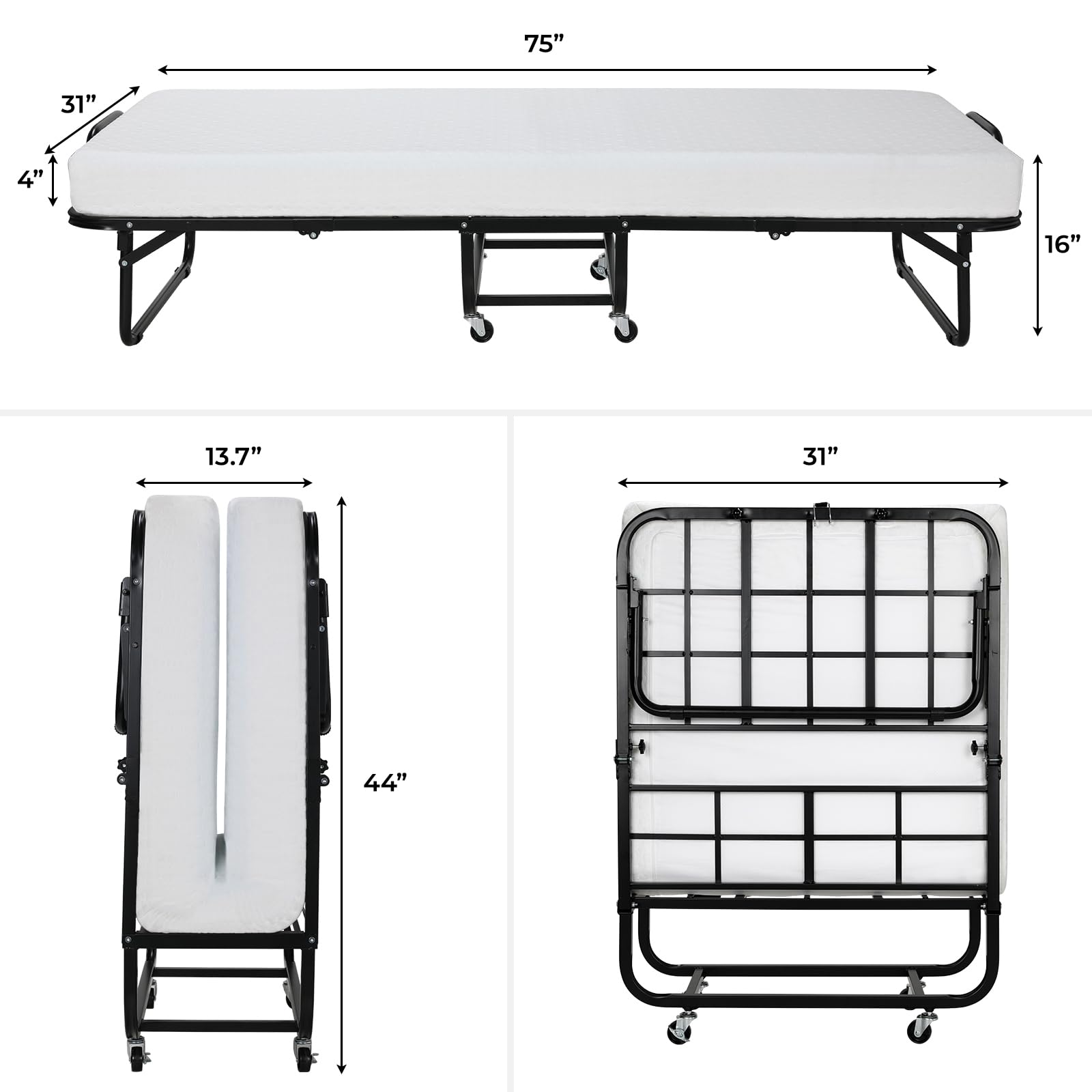 MAMIZO Folding Bed with Mattress for Adults - 75" x 31" - Cot Size, Portable Rollaway Bed with Luxurious 4 Inch Thick Memory Foam Mattress and Dust Proof Cover, Easy Storage Foldable Bed