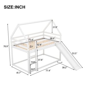 Jintop Twin Size Bunk House Bed with Slide and Ladder,Wooden Loft Bed Frmae,w/Pitched Roof & Safety Guardrails,Easy Assembly,for Kids Teens Girls Boys Bedroom,White