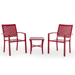 Attliasalon 3 Pieces Outdoor Patio Bistro Set, Mental Bistro Table and Chairs Outdoor Furniture Set with Square Table for Patio Porch Balcony Yard Garden (Red)