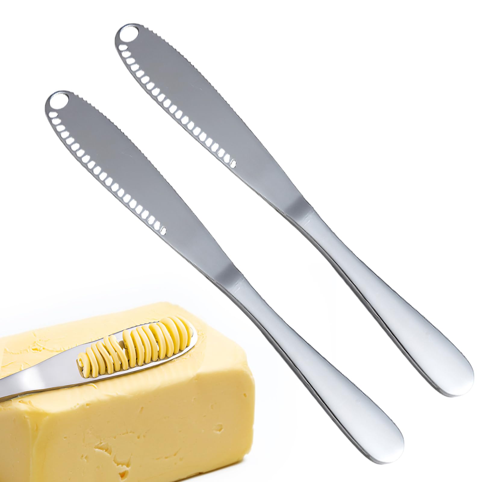 2PCS Stainless Steel Butter Spreader Knife, Butter Curler, 3 in 1 Butter Knife Spreader, Butter knife with Holes in Blade, Multi-Function Butter Spreader and Grater with Serrated Edge, Cut Vegetables