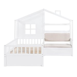 EOVTK Twin Size Kids House Bed with Upholstered Sofa, 2 Drawers and Storage Shelves, Wood Multifunctional Montessori Bed with Safety Guardrail for Boys Girls, White