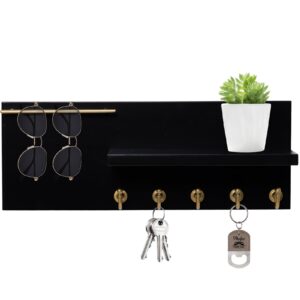 sany dayo home real wood key holder rack wall mount 16 x 6 inches black entryway shelf with 5 gold hooks, metal sunglass bar, and floating board for keychain, purse