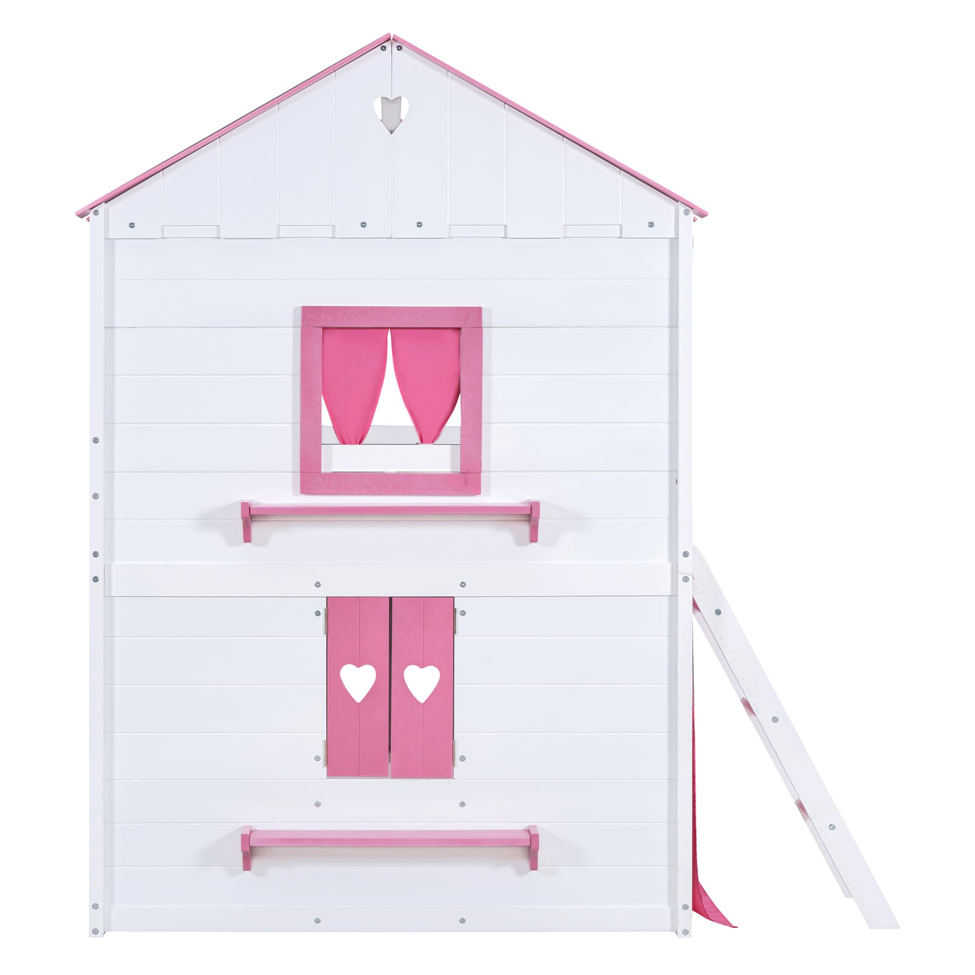 Merax Full Over Full Bunk Wood House Bed with Elegant Windows, Sills and Tent, Pink+White