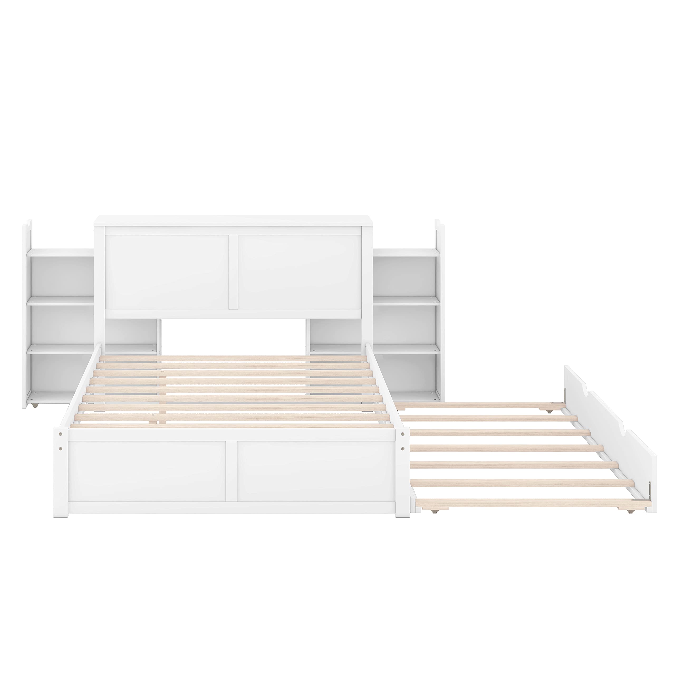 Acosure Full Size Storage Platform Bed with Pull Out Shelves and Twin XL Size Trundle,Bedroom Wood Bed Frame W/Headboard,No Box Spring Required,for Kids Teens Girls Boys,White