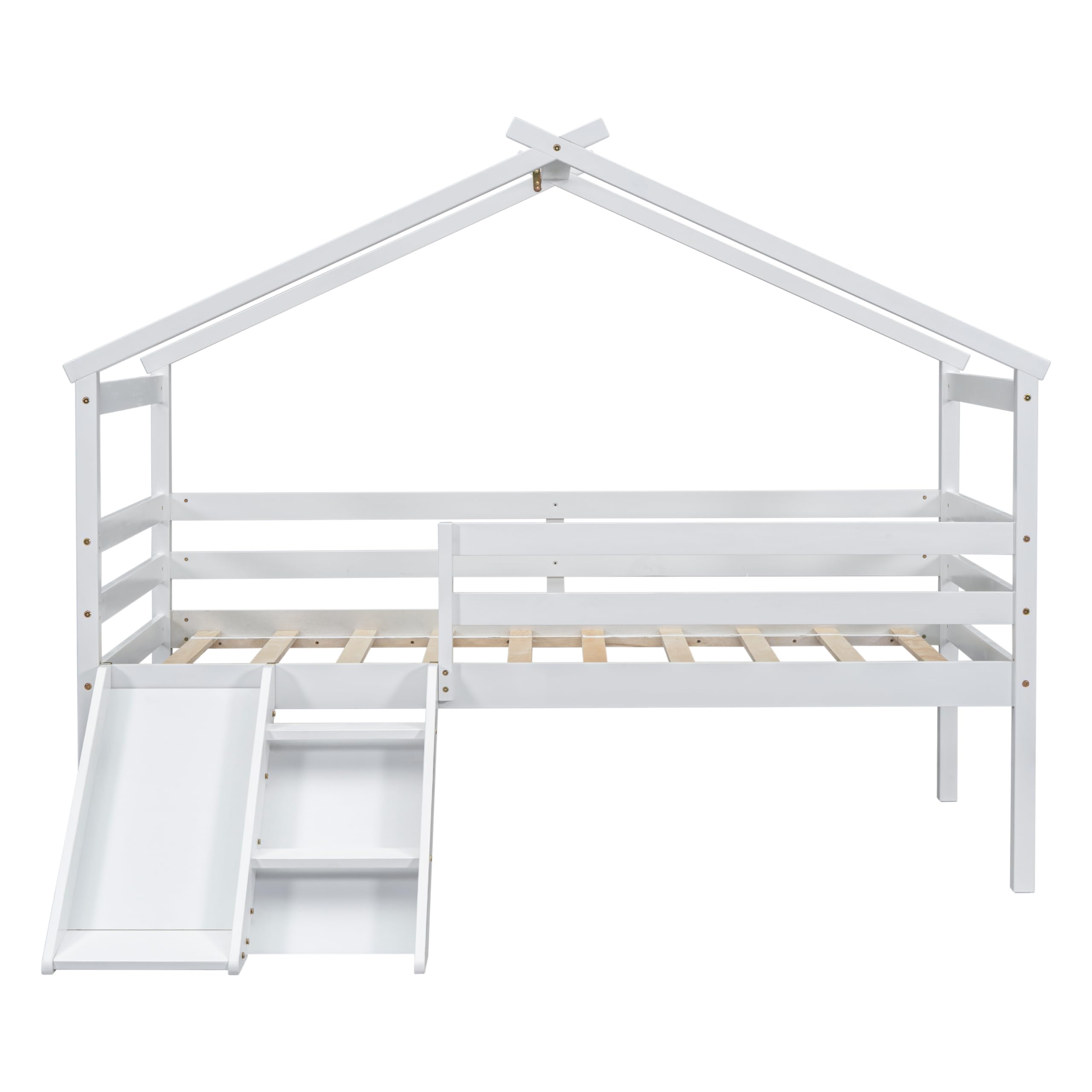 Bekeknlny Twin Low House Bed for Kids with Slide, Ladder, Safety Guardrails, Modern Wood Loft Bed for Boys Girls, No Box Spring Needed (White/House*L, Twin)