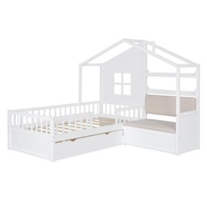 EOVTK Twin Size Kids House Bed with Upholstered Sofa, 2 Drawers and Storage Shelves, Wood Multifunctional Montessori Bed with Safety Guardrail for Boys Girls, White