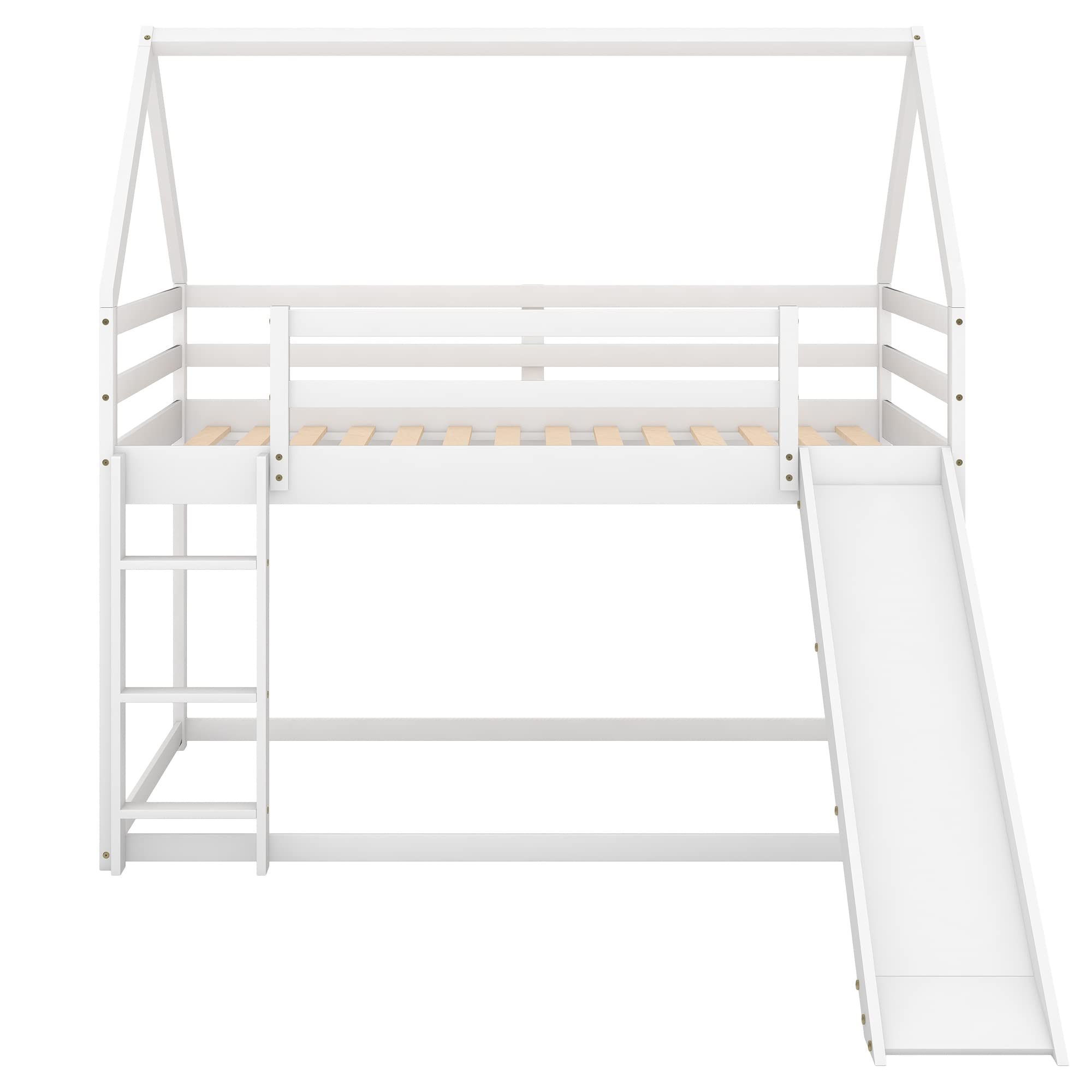 Jintop Twin Size Bunk House Bed with Slide and Ladder,Wooden Loft Bed Frmae,w/Pitched Roof & Safety Guardrails,Easy Assembly,for Kids Teens Girls Boys Bedroom,White