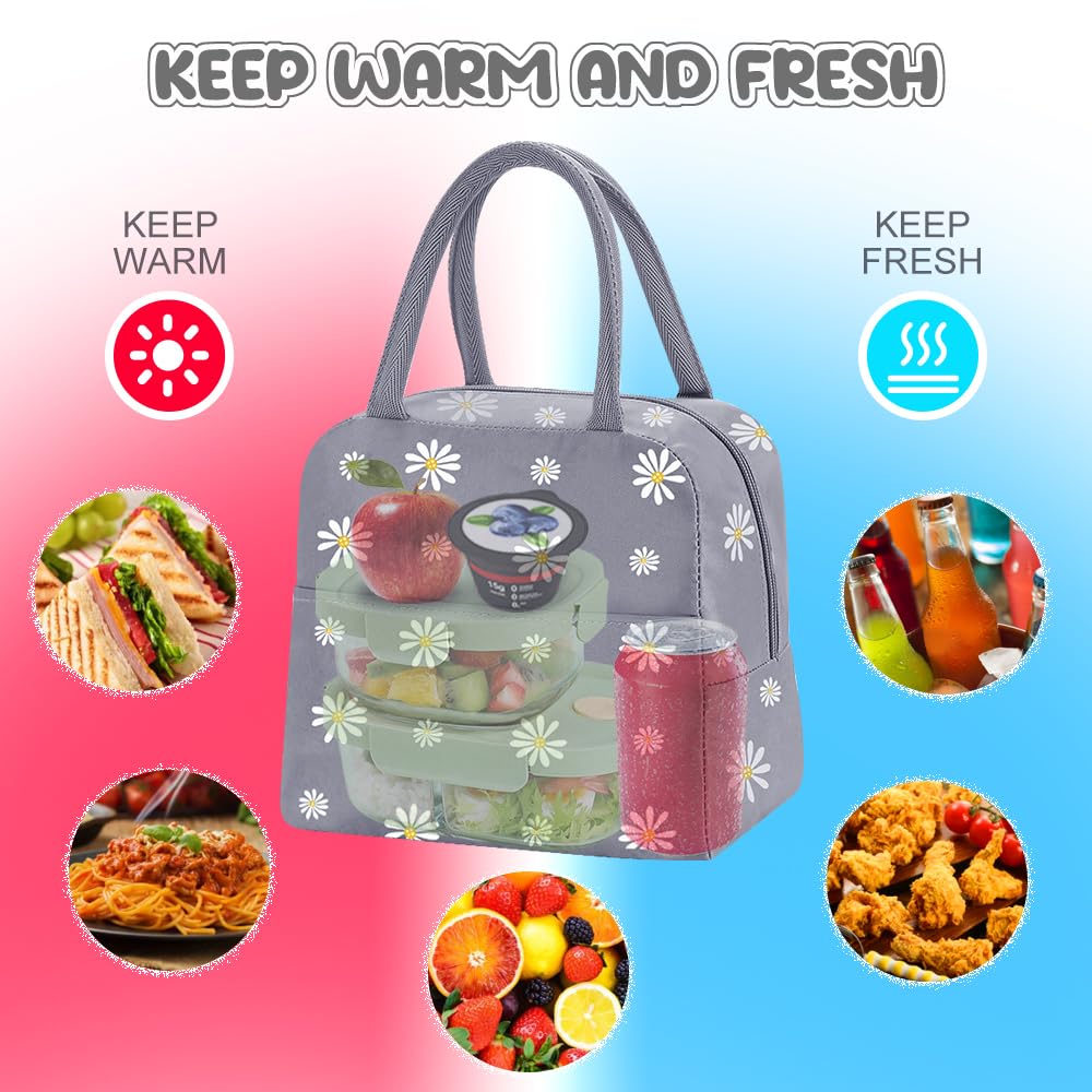 TIECHI Reusable Insulated Lunch Bag for Women/Men/Adult Portable Thermal Lunch Box Tote Bag Small Lunch Bag with Daisy Pattern for Work & Any Occasion