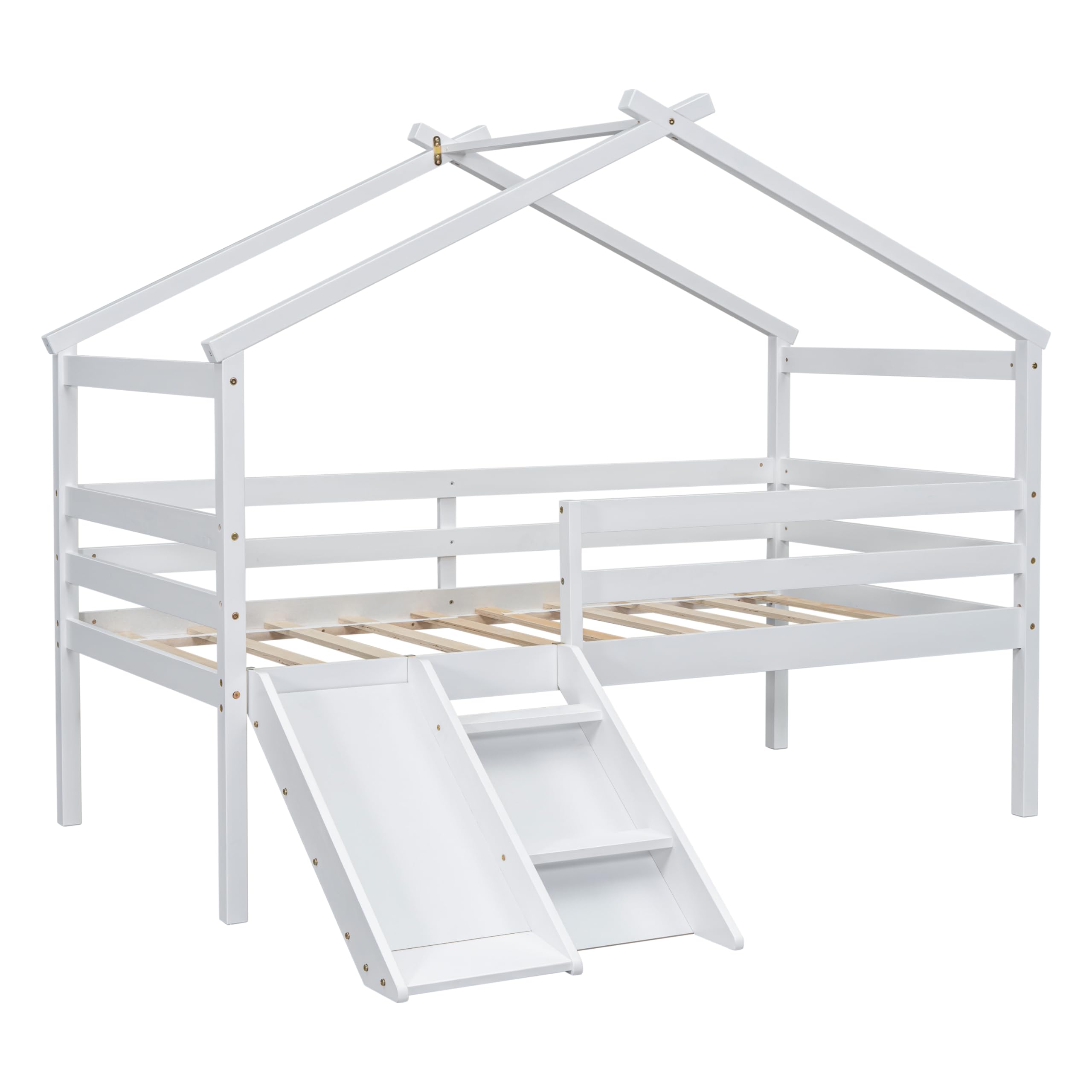 Bekeknlny Twin Low House Bed for Kids with Slide, Ladder, Safety Guardrails, Modern Wood Loft Bed for Boys Girls, No Box Spring Needed (White/House*L, Twin)