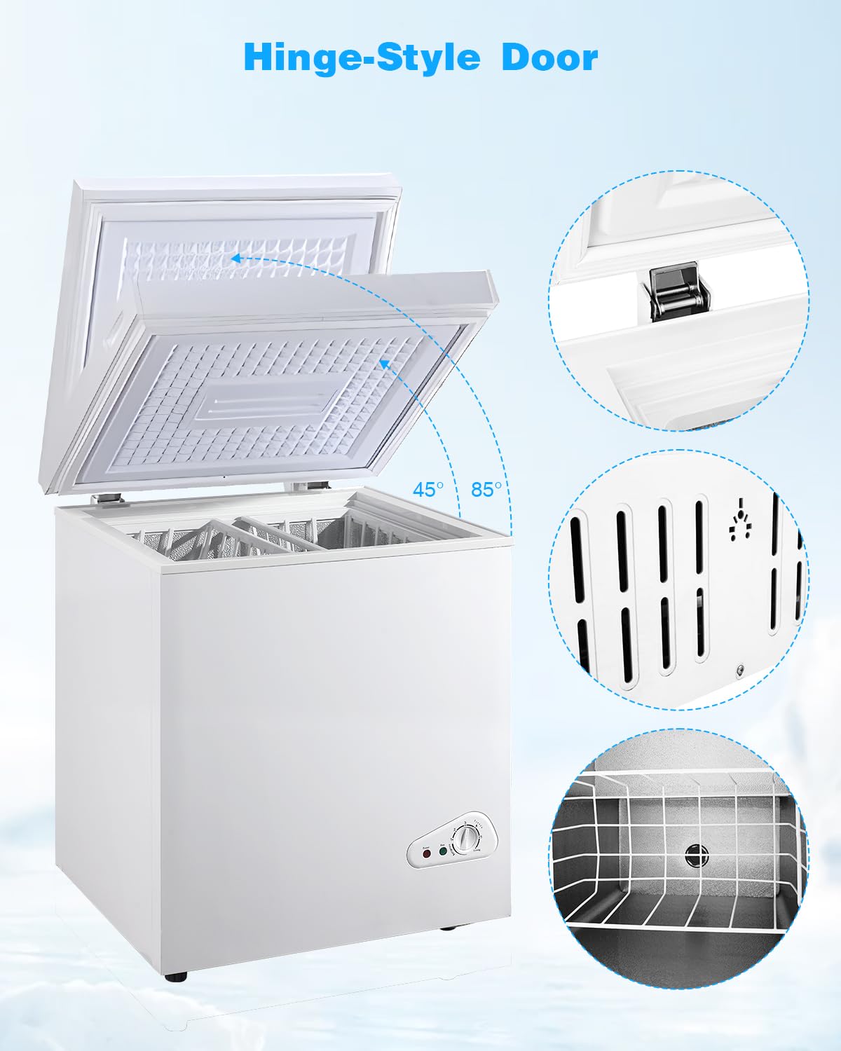 EUASOO 3.5 Cu.Ft Deep Compact Freezer, Chest Freezer with a Removable Basket 7 Gears Adjustable Temperature Control(-18°F to -46°F) for Garage, Office, Basement, House, Kitchen, Shop, RVs-White