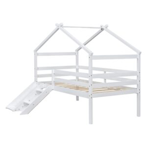 Bekeknlny Twin Low House Bed for Kids with Slide, Ladder, Safety Guardrails, Modern Wood Loft Bed for Boys Girls, No Box Spring Needed (White/House*L, Twin)