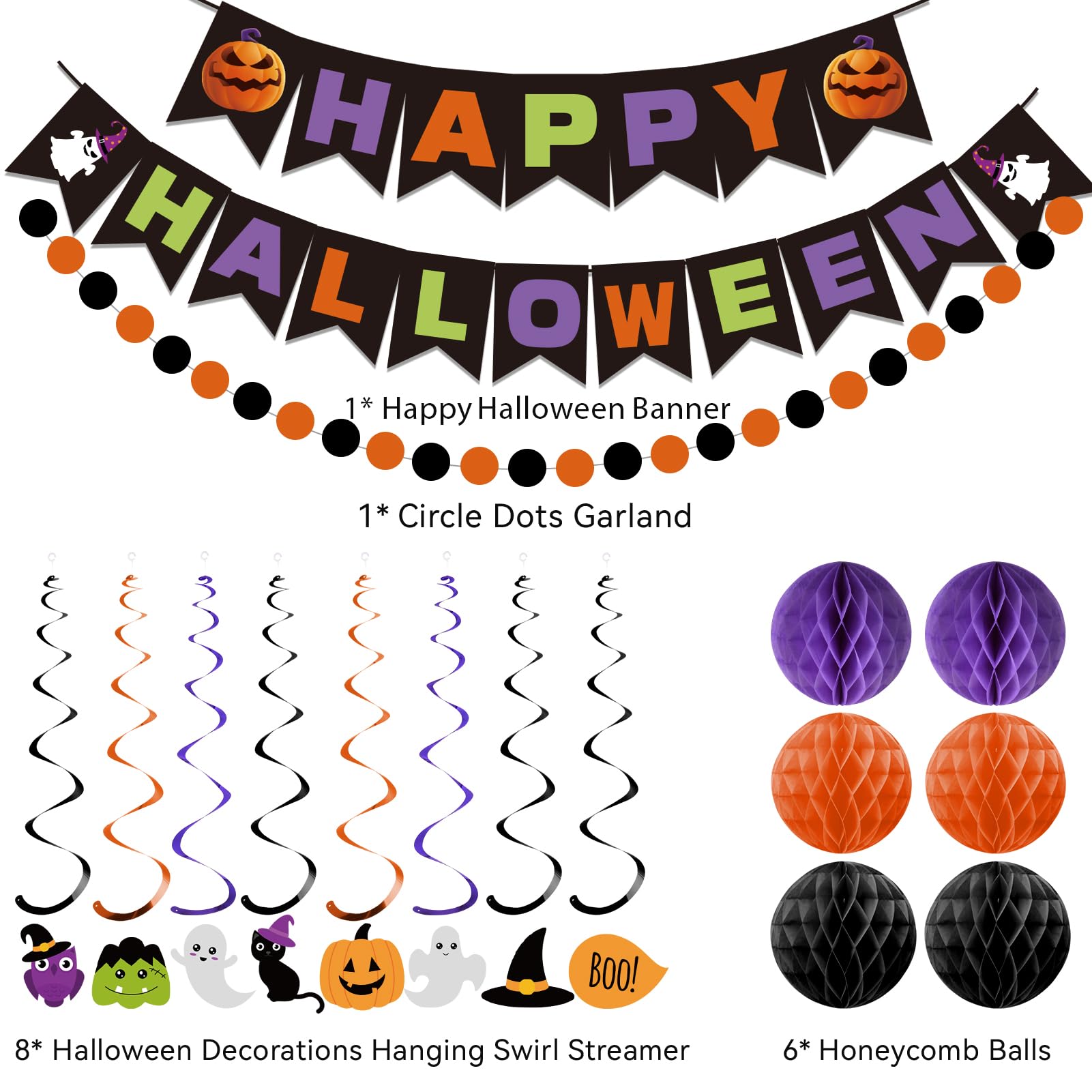 meowtastic Happy Halloween Banner Decorations - Halloween Banner with Honeycomb Ball, Halloween Hanging Swirl Streamer, Circle Dot Garland Decorations for Halloween theme Party Decorations