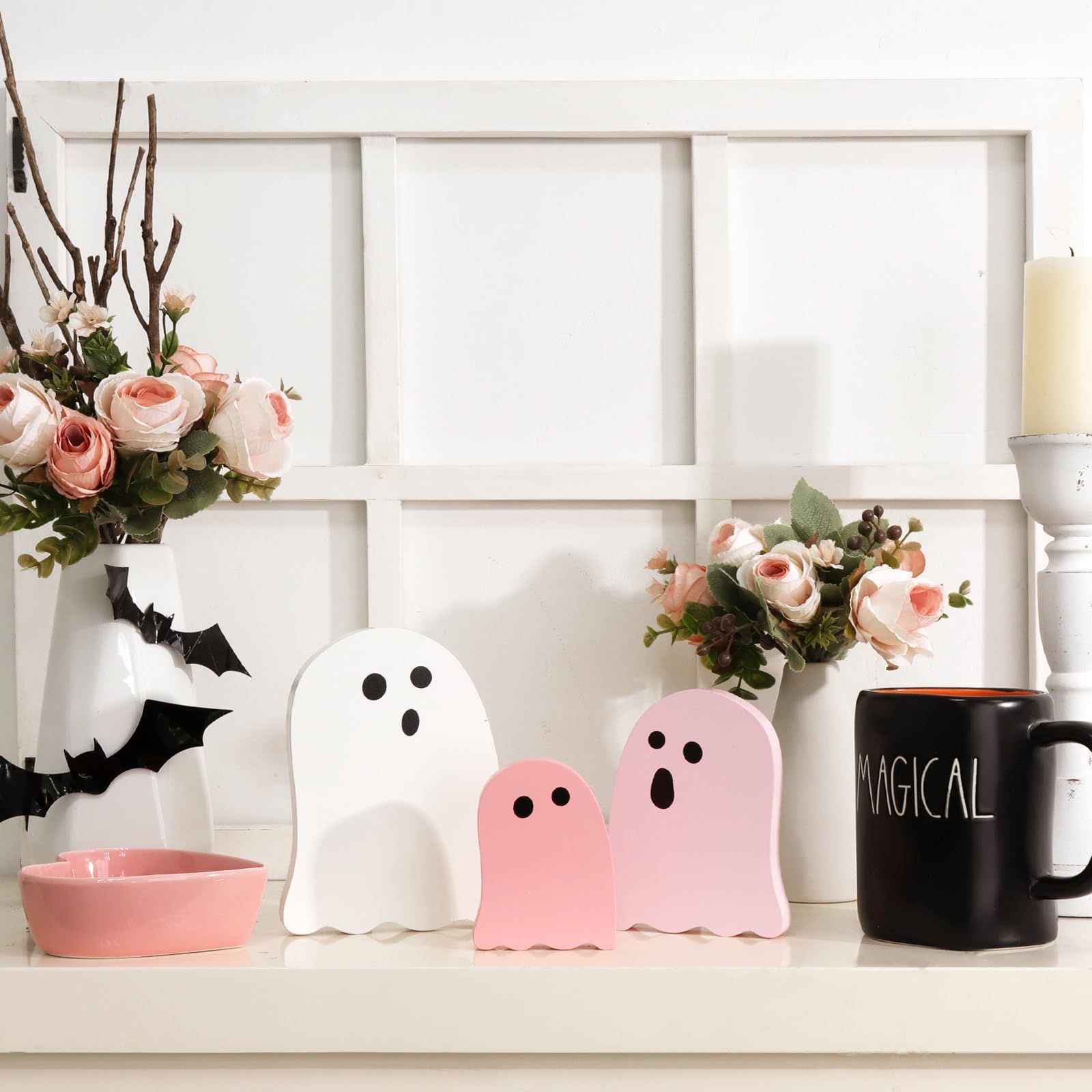 Treory Halloween Table Decorations Indoor: 3ct Halloween Cute Ghost Decorations, Pink White Ghosts Wood Plank Signs, Pastel Halloween Tiered Tray Decor Wooden Ghost for Home Office Party Kid Gifts