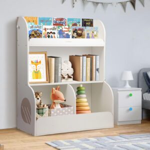 asweets 2 in 1 kids bookshelf & montessori toy storage cubby, 3 tiers children wooden bookcase, fit for kids room, playroom, kindergarten, nursery, 31.5''l x 14.6''w x 39.4''h (white)