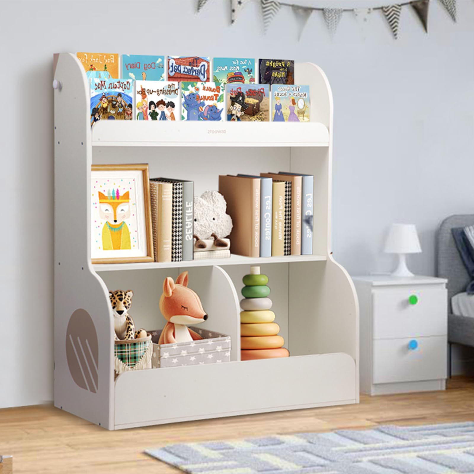 Asweets 2 in 1 Kids Bookshelf & Montessori Toy Storage Cubby, 3 Tiers Children Wooden Bookcase, Fit for Kids Room, Playroom, Kindergarten, Nursery, 31.5''L x 14.6''W x 39.4''H (White)