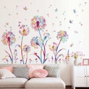 wondever Colorful Blowing Dandelion Wall Decals Flying Flowers Butterflies Floral Peel and Stick Wall Art Stickers for Living Room Girls Bedroom TV Wall