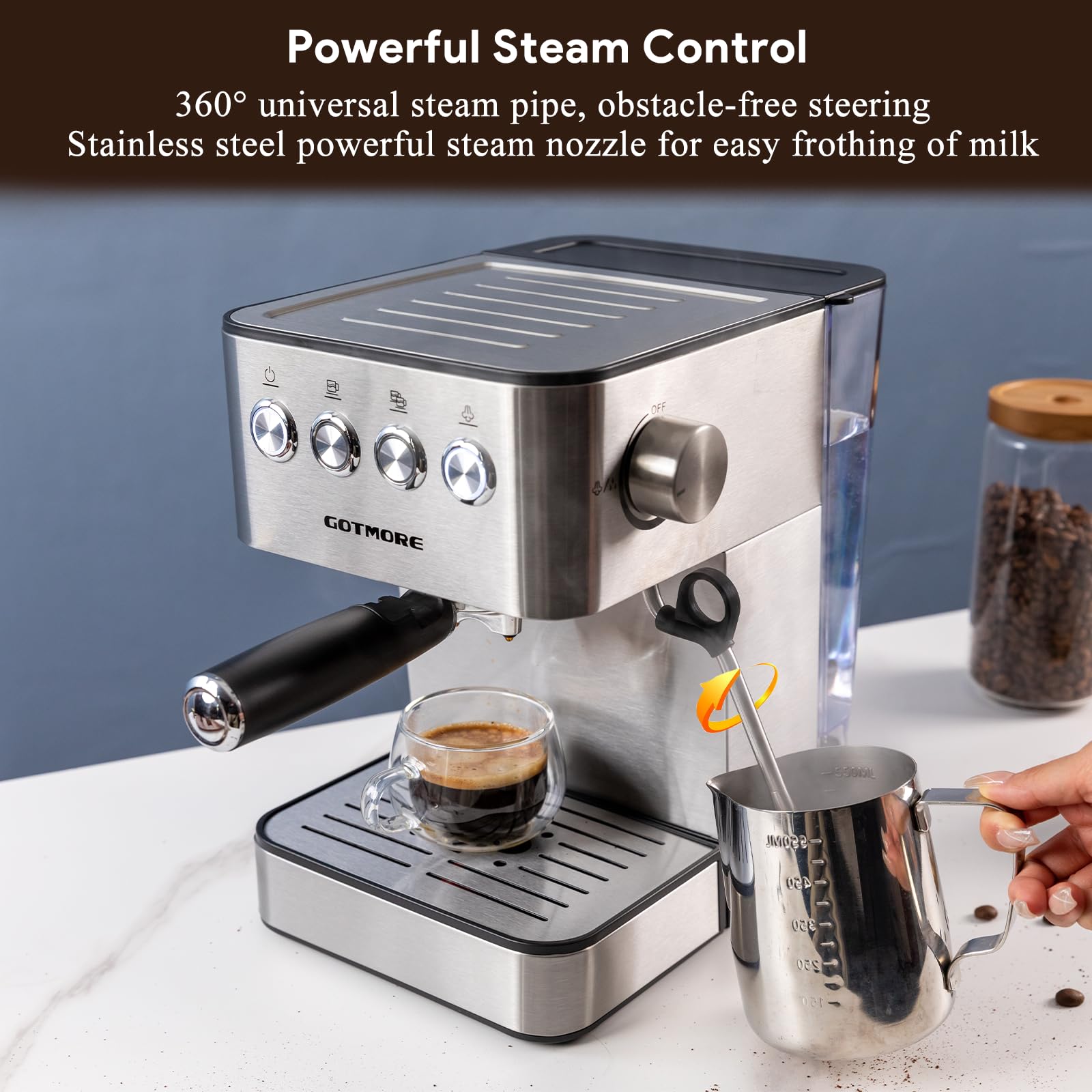 GOTMORE Espresso Coffee Machines, Stainless Steel Espresso Machine with Milk Frother Steam Wand for Latte Cappuccino, 15 bar Coffee Espresso Maker for Home with 60.8oz Removable Water Tank