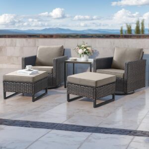 HUMMUH 5 Piece Patio Furniture Set All-Weather PE Wicker Outdoor Swivel Rocker Chairs Set of 2 with Ottomans Side Table for Patio,Porch,Garden,Backyard