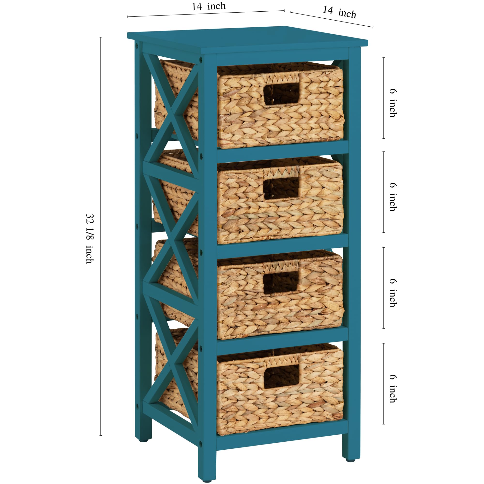 eHemco 4 Tier X-Side End Storage Cabinet with 4 Wicker Baskets, Teal