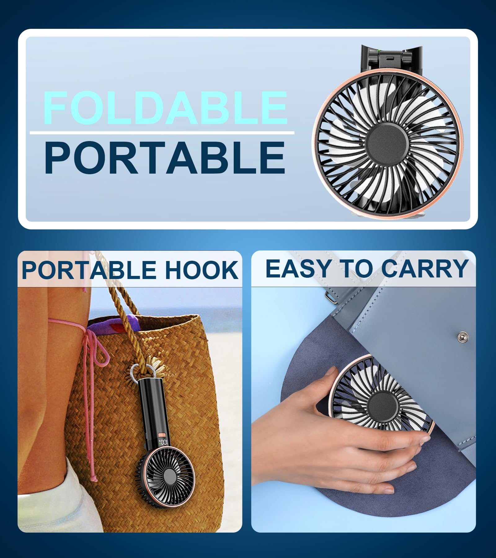 BEYYON Portable Handheld Fan, 5200mAh Metal Handle Portable Fan Rechargeable, 180° Foldable, 6 Speeds USB Rechargeable Fan, Electric Personal Fan with Power Bank for Travel, Outdoor, Camping, Office