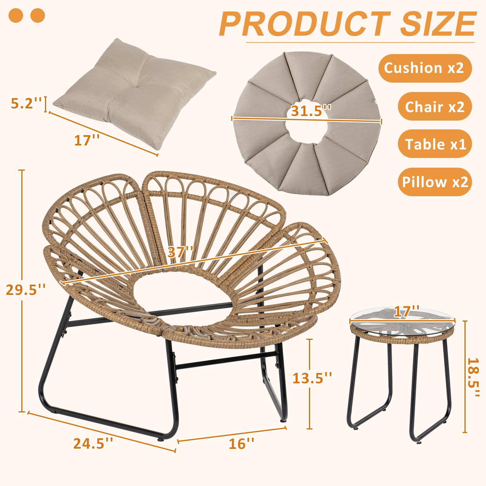 NALONE 3 Pieces Bistro Set Wicker Patio Conversation Set, All-Weather Acapulco Chairs with Tempered Glass Table, 2 Cushions and Pillows, Woven Rope Chair Furniture Set Ideal for Garden, Deck, Backyard