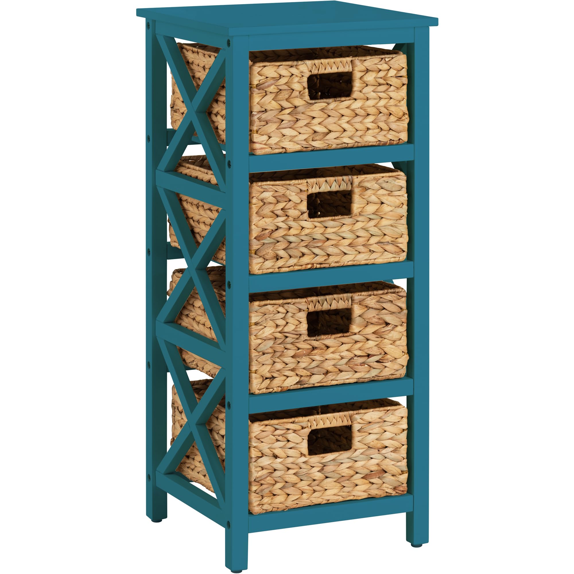 eHemco 4 Tier X-Side End Storage Cabinet with 4 Wicker Baskets, Teal