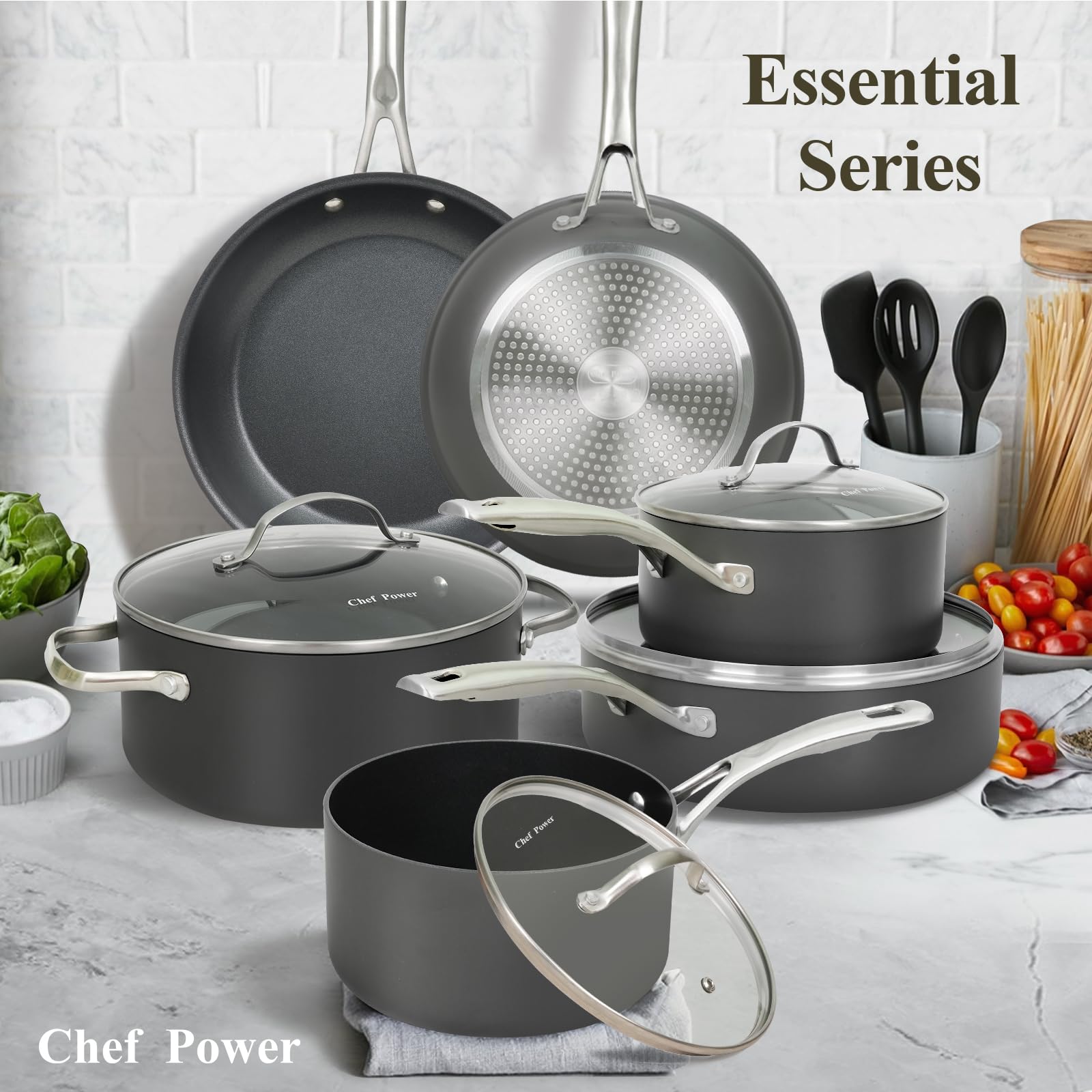 Chef Power Hard Anodized Nonstick Cookware Sets 10 Piece with Stainless Steel Handle, Pots and Pans Set Non Stick, Kitchen Induction Cooking Sets, Dishwasher Safe, Oven Safe, Essential