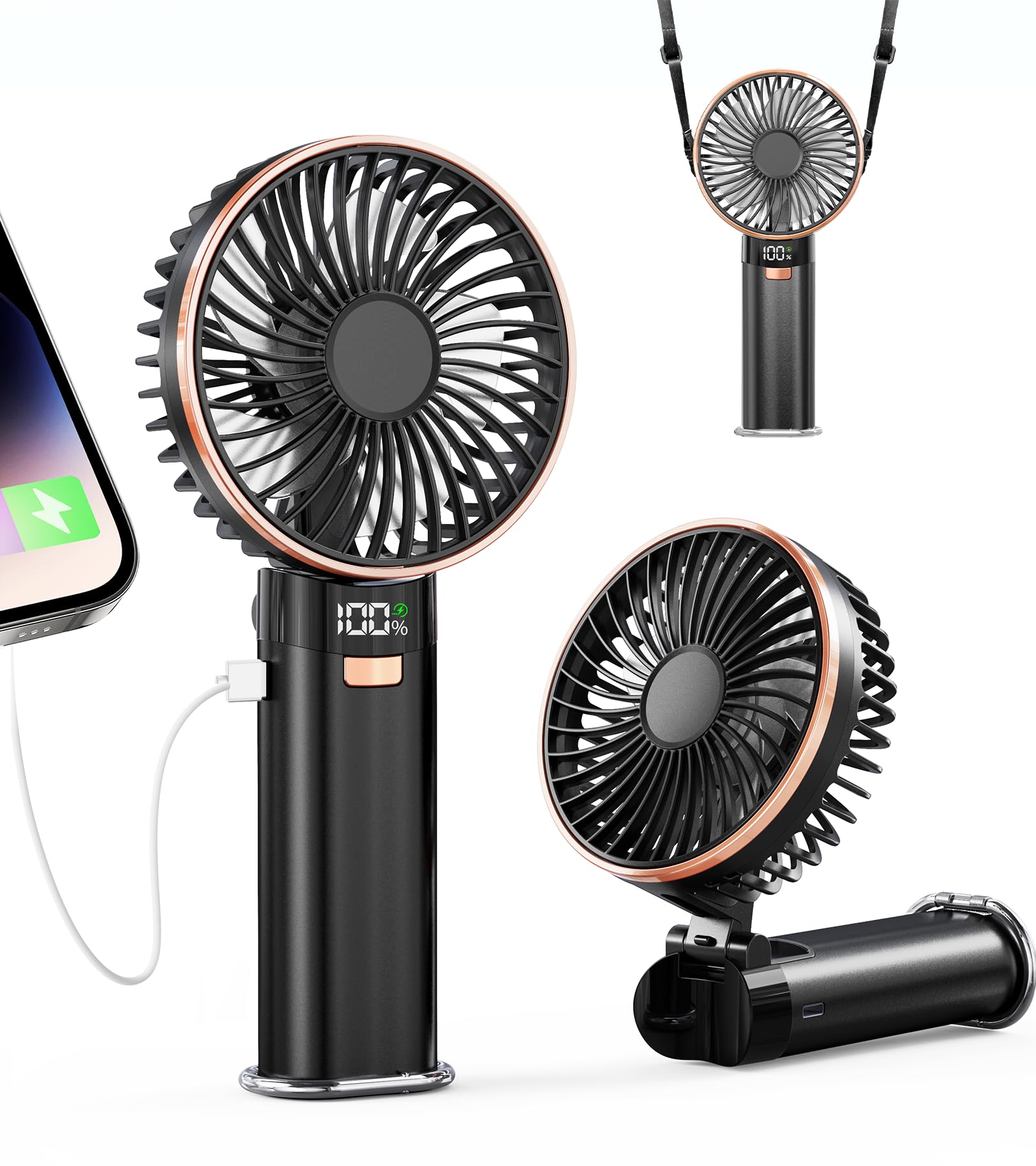 BEYYON Portable Handheld Fan, 5200mAh Metal Handle Portable Fan Rechargeable, 180° Foldable, 6 Speeds USB Rechargeable Fan, Electric Personal Fan with Power Bank for Travel, Outdoor, Camping, Office