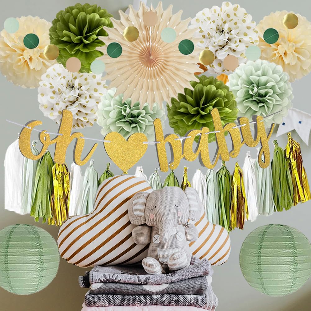 Sage Green Baby Shower Decorations Oh Baby Banner Sage Green Cream Gold Tissue Paper Pom Poms Paper Tassels Garland Circle Dots Garland for Baby Girls Boys Gender Neutral Baby Shower Party Decor