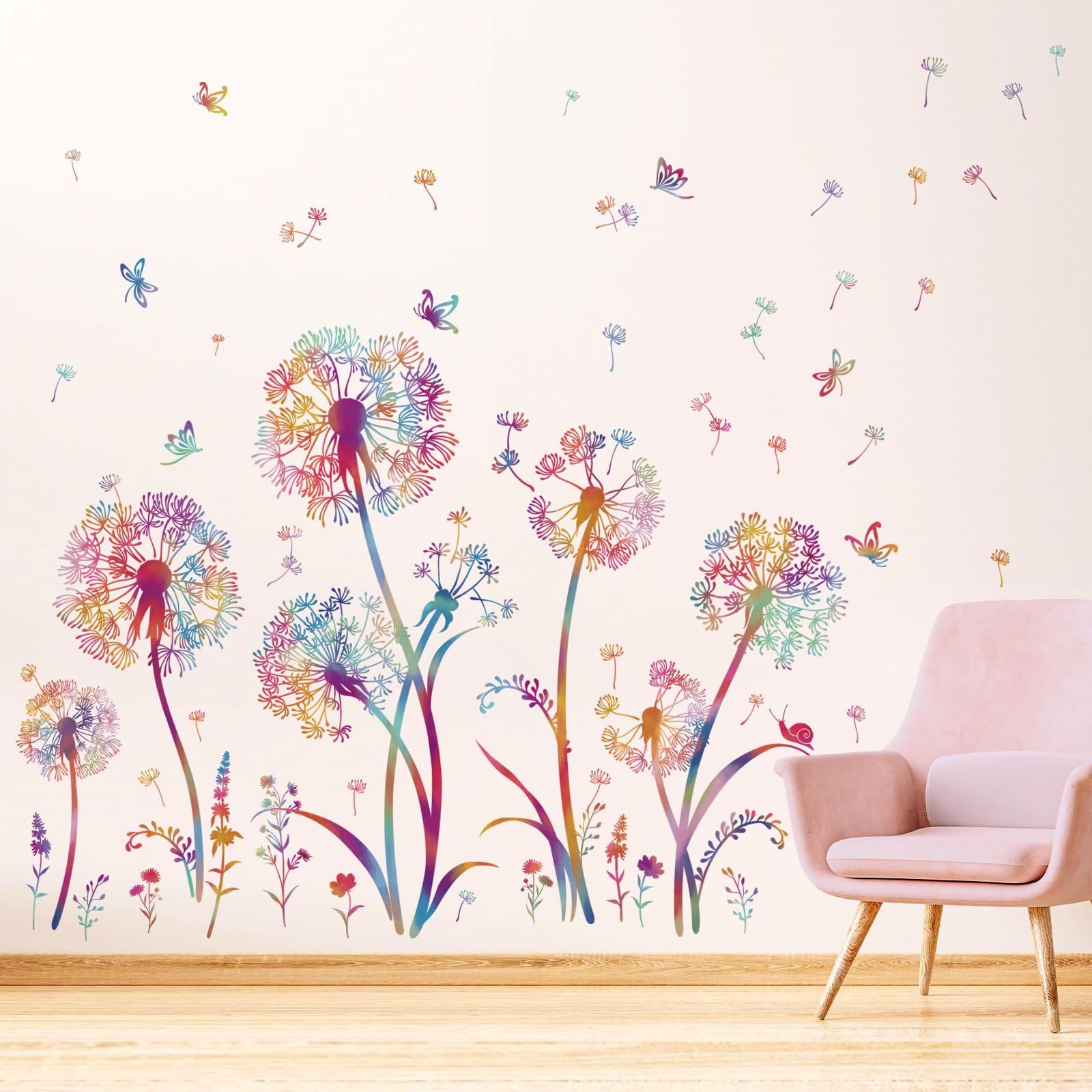 wondever Colorful Blowing Dandelion Wall Decals Flying Flowers Butterflies Floral Peel and Stick Wall Art Stickers for Living Room Girls Bedroom TV Wall