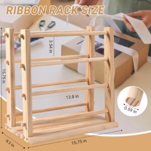 NewEle Two-row Ribbon Holder Organizer Rack - Wooden Ribbon Spool Holder for Mesh Ribbon Wreath Thread Tulle Roll Washi Tape, Ribbon Organizer for Craft Room, Florist Supplies, Wrapping Craft