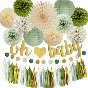 sage green baby shower decorations oh baby banner sage green cream gold tissue paper pom poms paper tassels garland circle dots garland for baby girls boys gender neutral baby shower party decor