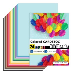 96 sheets colored cardstock 24 colors, 8.5x11 color cardstock bulk, 200gsm/75lb assorted colors construction paper for printing, card making, die cutting, crafts, scrapbooking, party decorations