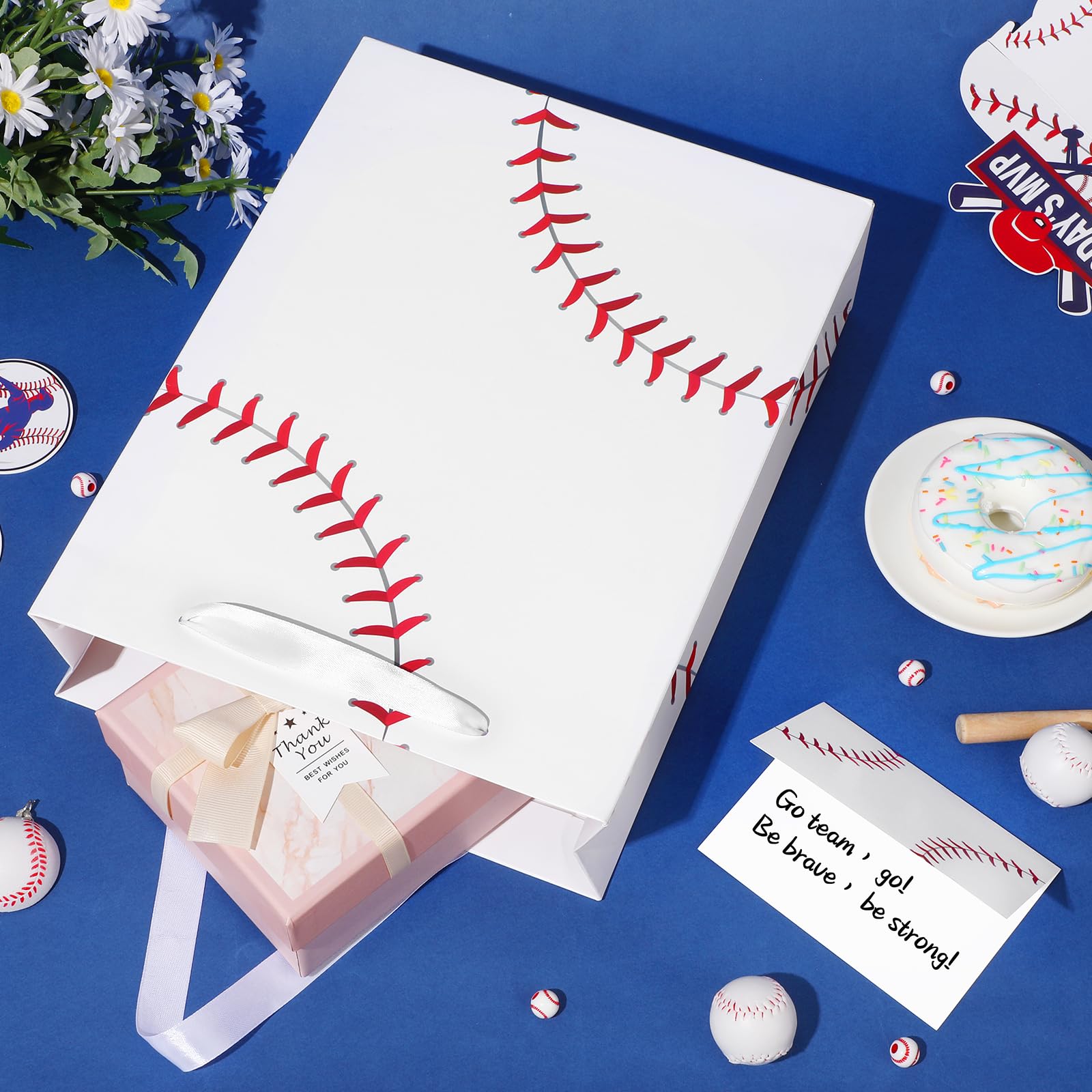 Baseball Party Gift Bag, Large White Baseball Gift Wrap Bags with Tissue Paper Greeting Card Decorations for Sport Party Favor Baseball Birthday Goodie Gifts Wrapping Bags for Kids Teens Team Supplies