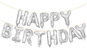 liozeokun happy birthday balloon letters 16 inch mylar foil birthday balloons banner sign for birthday party decorations supplies (silver)