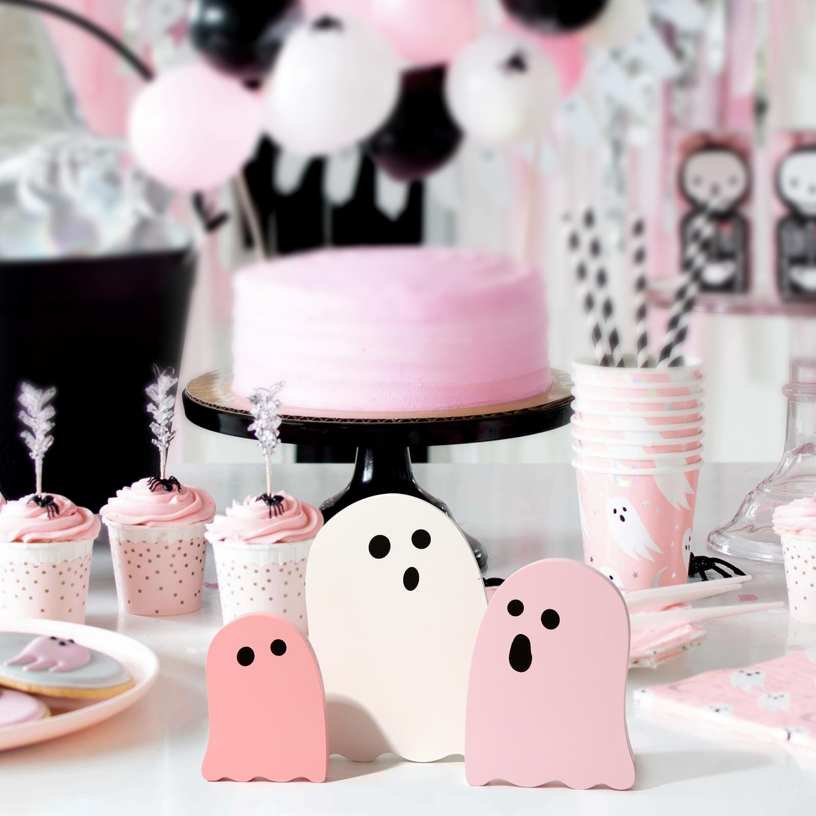 Treory Halloween Table Decorations Indoor: 3ct Halloween Cute Ghost Decorations, Pink White Ghosts Wood Plank Signs, Pastel Halloween Tiered Tray Decor Wooden Ghost for Home Office Party Kid Gifts