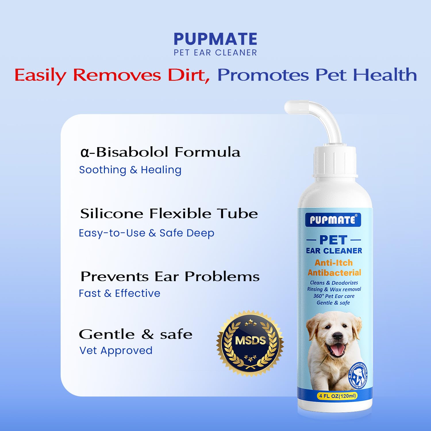 Dog Ear Cleaner - Soothes Inflammation & Infection Treatment with 1% α-bisabolol, Itching Relief, Removes Wax & Deodorizes, Gentle & Hypoallergenic for Dogs/Cats, Easy to Use, with 60 Swabs, 4 fl oz