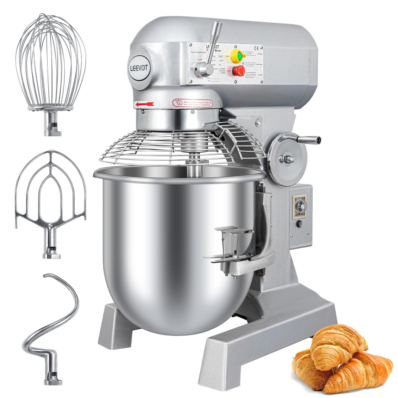 LEEVOT 30Qt 1250W Commercial Food Mixer, Commercial mixer 3-Speed Adjustable Heavy Duty Stand Mixer with Stainless Steel Bowl for Bakery Pizzeria.