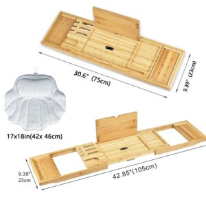 Bathtub Caddy Tray, Expandable Bamboo Bath Tray Waterproof for Tub with Wine Holder Built in Book Tablet Integrated Wineglass Holder Phone Tray & Accessories Placement（expands to 43 inches）