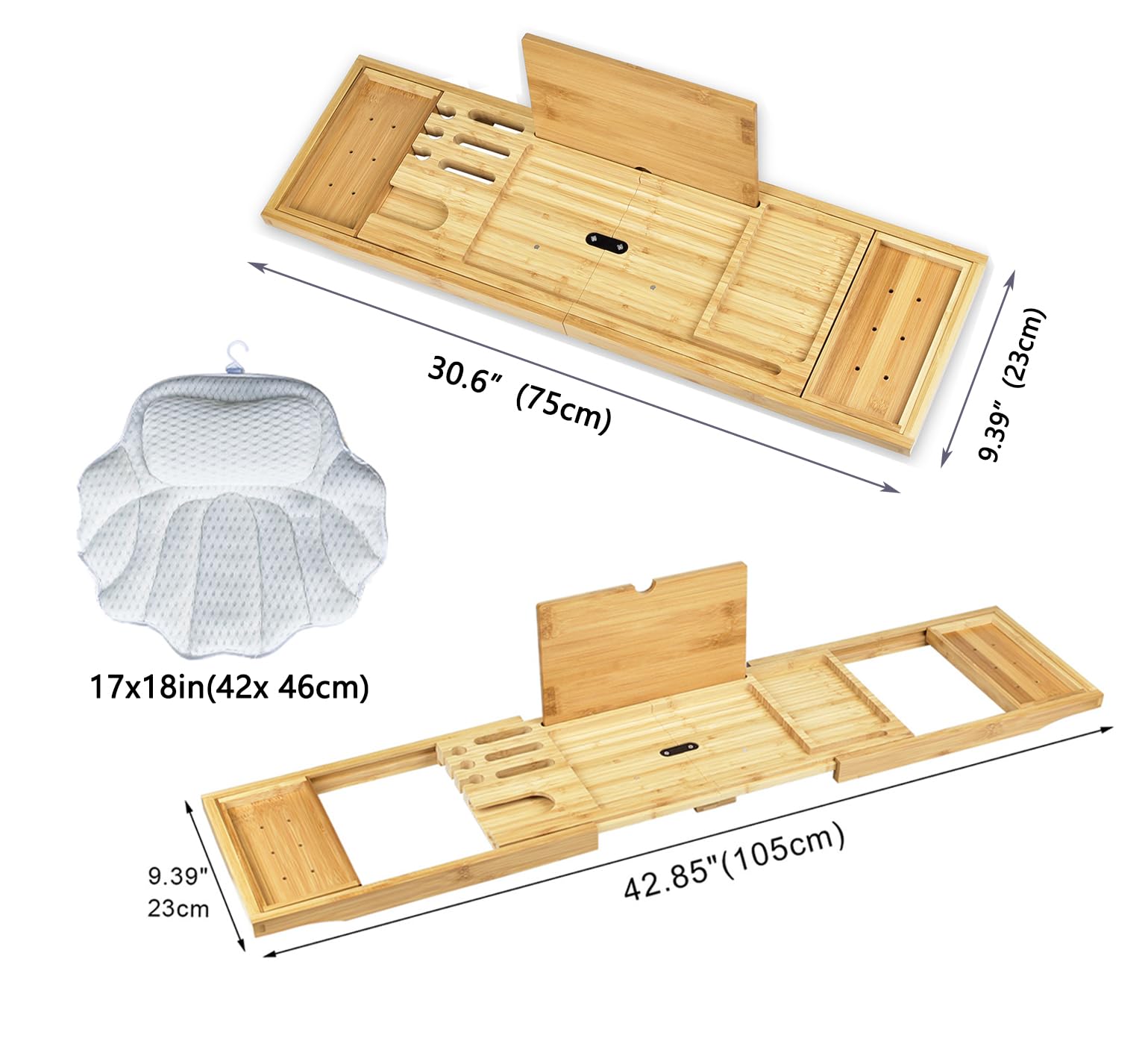 Bathtub Caddy Tray, Expandable Bamboo Bath Tray Waterproof for Tub with Wine Holder Built in Book Tablet Integrated Wineglass Holder Phone Tray & Accessories Placement（expands to 43 inches）