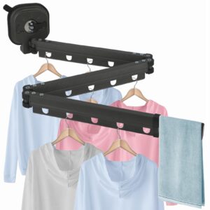 wall mounted clothes drying rack, retractable laundry drying rack with a suction cup, space saving collapsible (tri-fold) laundry hanger dryer rack, for laundry, balcony, mudroom, bedroom, gray