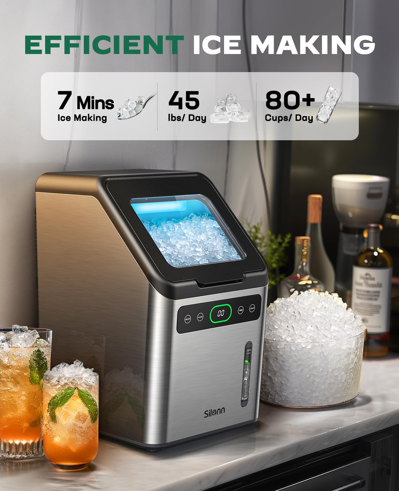 Silonn Nugget Ice Maker - Timer Ice Machine with Self-Cleaning, 44lbs per Day Pebble Ice Maker with Soft Chewable Ice, One-Click Operation Ice Machine for Home, Kitchen, Office