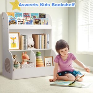 Asweets 2 in 1 Kids Bookshelf & Montessori Toy Storage Cubby, 3 Tiers Children Wooden Bookcase, Fit for Kids Room, Playroom, Kindergarten, Nursery, 31.5''L x 14.6''W x 39.4''H (White)