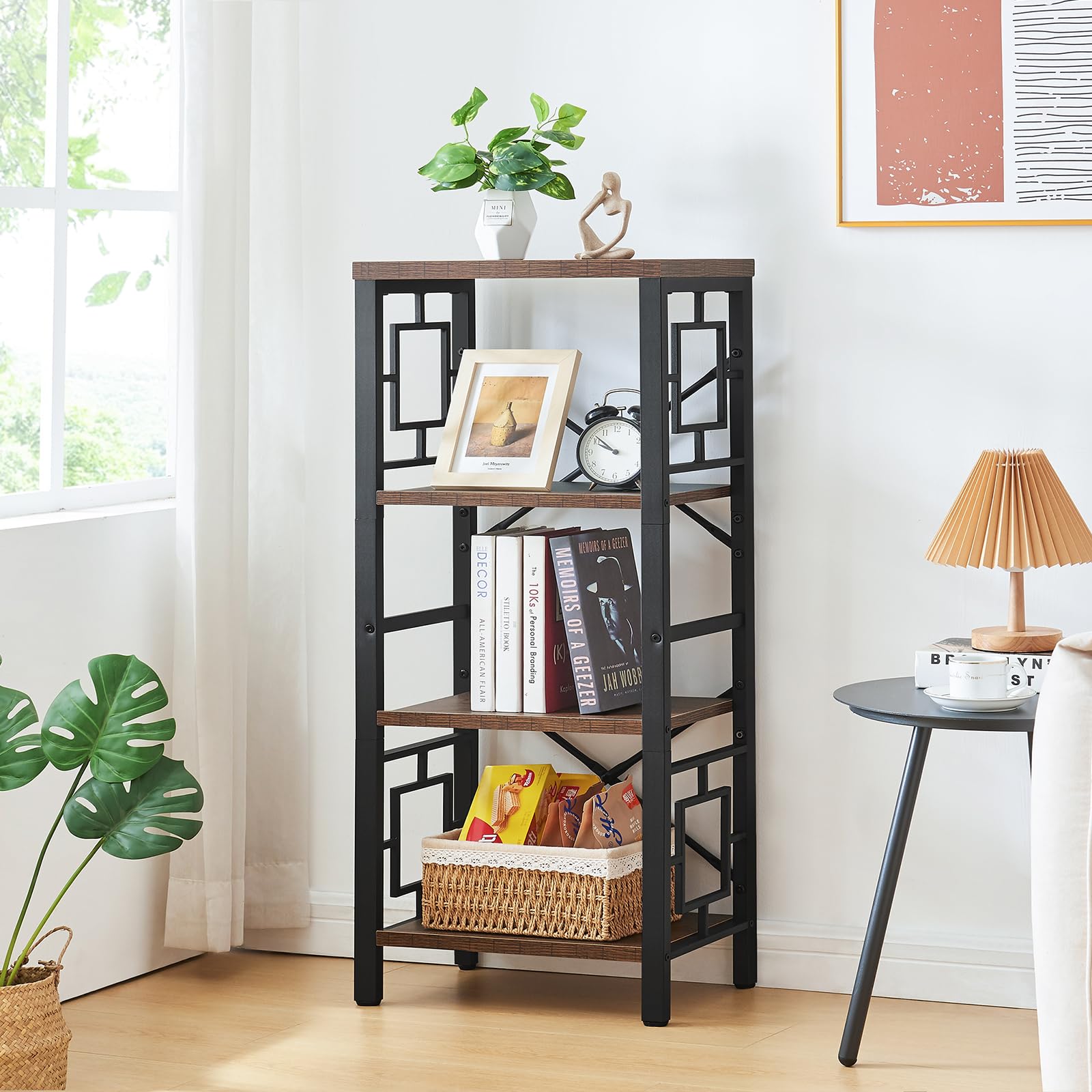 Freexployer Bookshelf, Vintage Industrial 4 Tier Bookshelf, Freestanding Narrow Bookcase with Rustic Wood and Metal, Small Bookshelf for Home Office, Bedroom & Living Room, Retro Brown