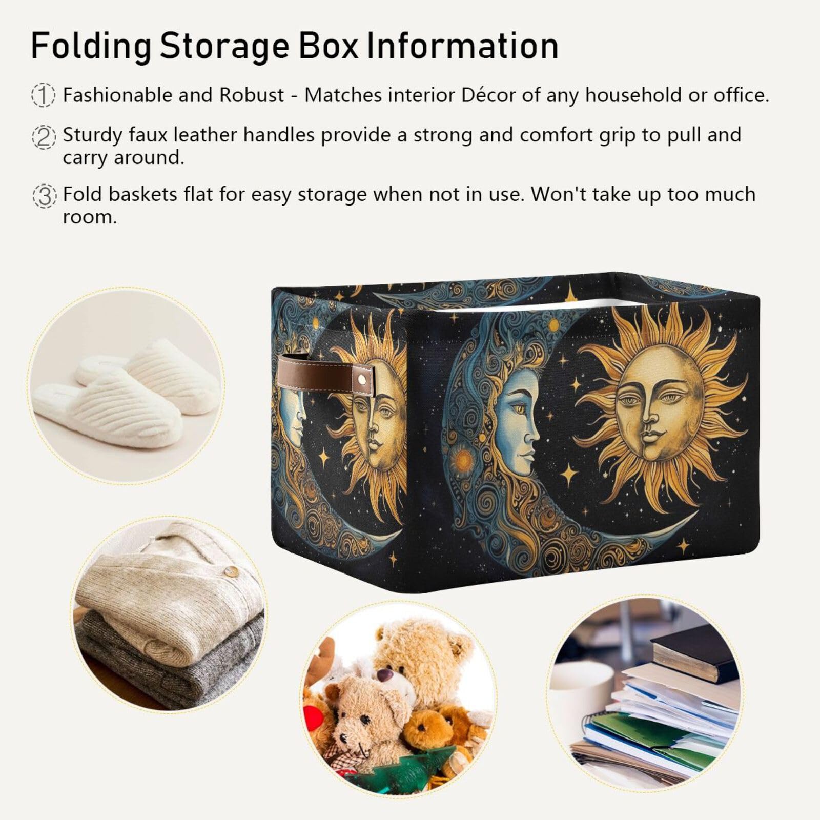 FLildon Storage Bin 1PC Sun and Moon Fabric Storage Baskets for Organizing Closet Shelf Nursery Toy Clothes Organizer with Handles