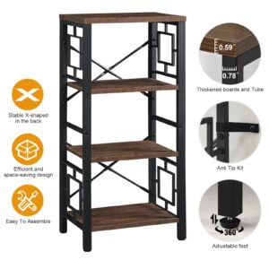 Freexployer Bookshelf, Vintage Industrial 4 Tier Bookshelf, Freestanding Narrow Bookcase with Rustic Wood and Metal, Small Bookshelf for Home Office, Bedroom & Living Room, Retro Brown