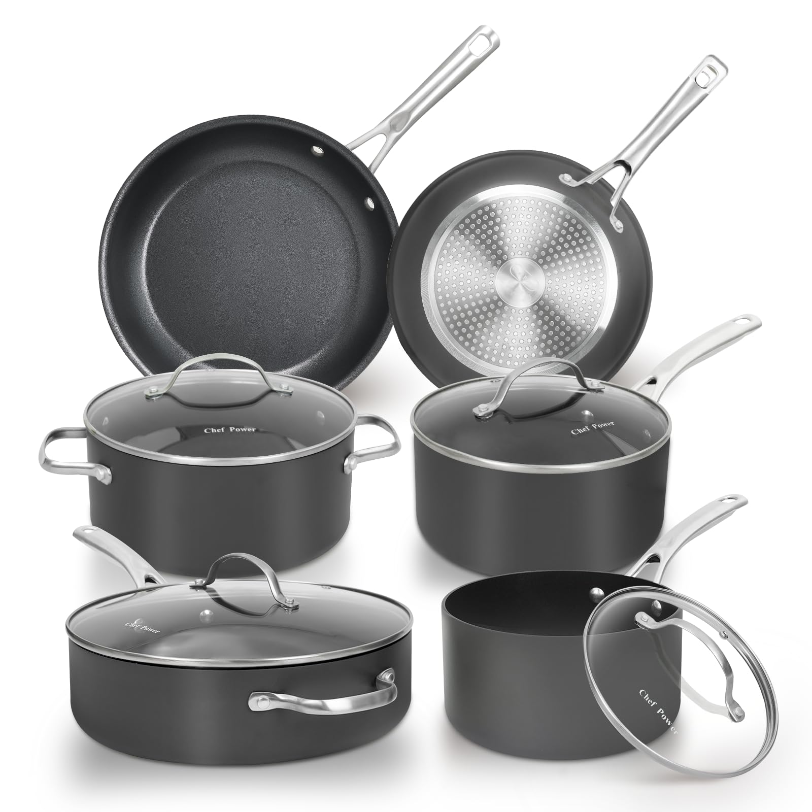 Chef Power Hard Anodized Nonstick Cookware Sets 10 Piece with Stainless Steel Handle, Pots and Pans Set Non Stick, Kitchen Induction Cooking Sets, Dishwasher Safe, Oven Safe, Essential