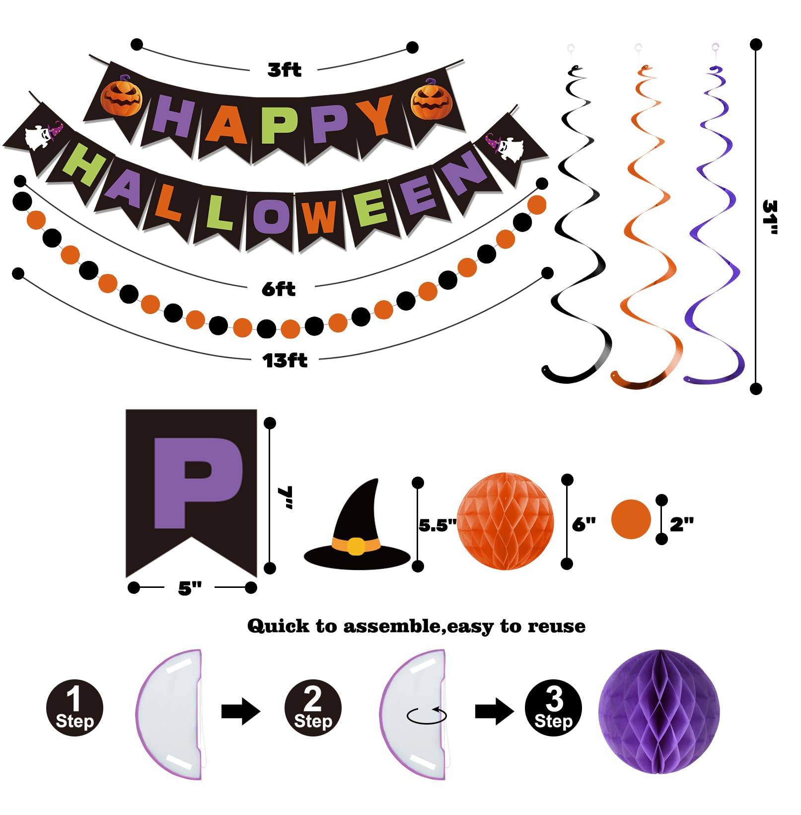 meowtastic Happy Halloween Banner Decorations - Halloween Banner with Honeycomb Ball, Halloween Hanging Swirl Streamer, Circle Dot Garland Decorations for Halloween theme Party Decorations