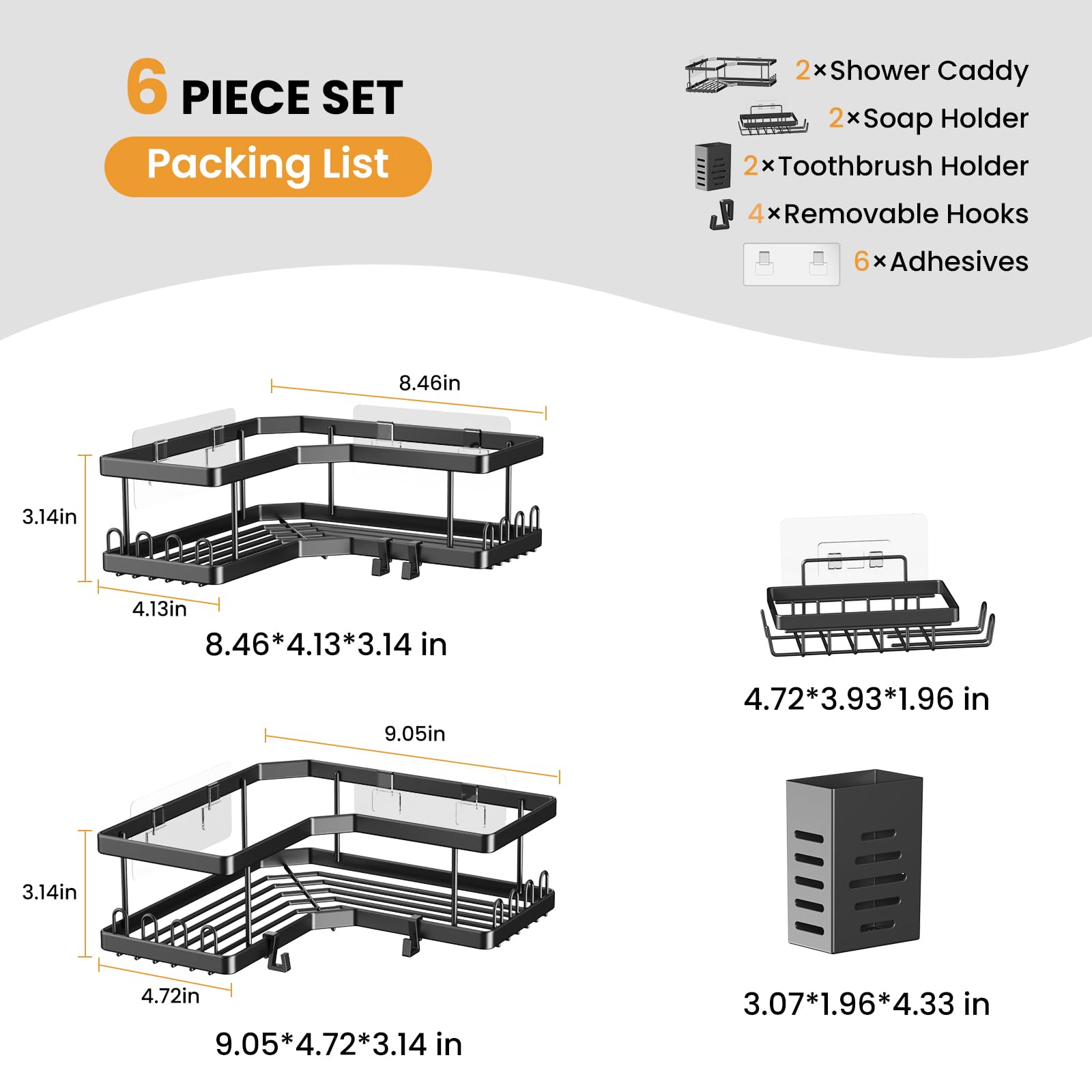 NECHEGI Corner Shower Caddy 6 Pack Strong Adhesive Shower Organizer Shelves with 20 Hooks & Soap Toothbrush Holder, Stainless Steel Corner Shower Shelves, No Drilling Adhesive Large Shower Storage